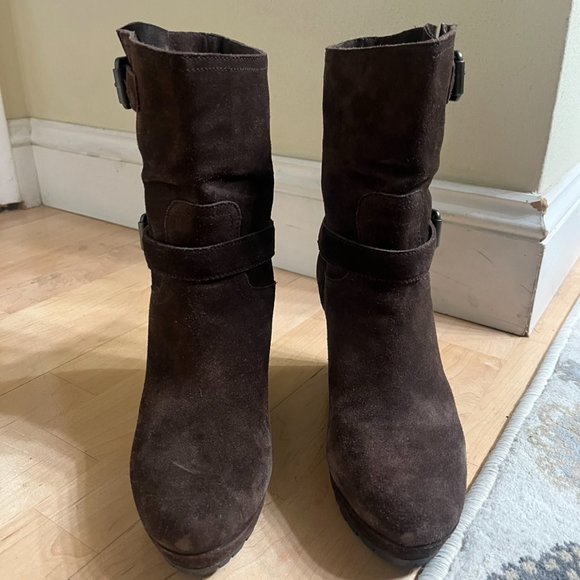 Prada Brown Suede Platform Wedge Buckle Ankle/Calf Boots - Sz39 (8.5) - Picture 3 of 12